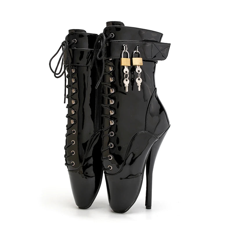 Unleash Your Inner Desires: Metal High Heels 18cm/7.2-inch Ballet Ankle Boots - Extreme Fashion & Sensual Lace Lock