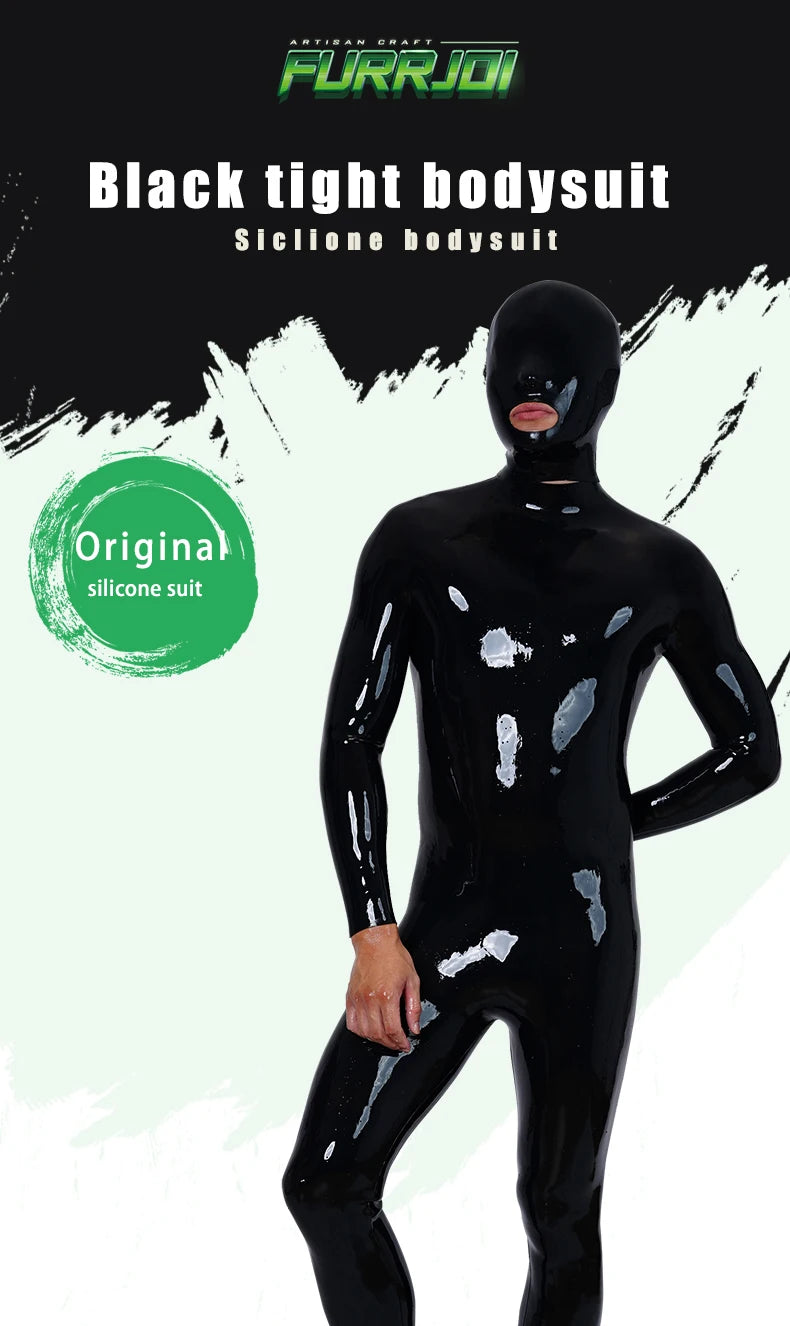 Whole Body Neck-Entry Silicone Bodysuit - Black Handmade Catsuit for Cosplay &amp; Fetish Play
